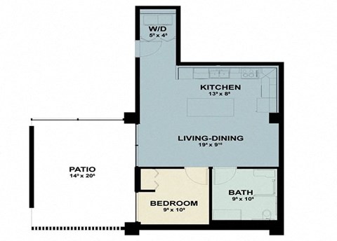 Floor plan for 1 bed, 1 bath, 672 sqft